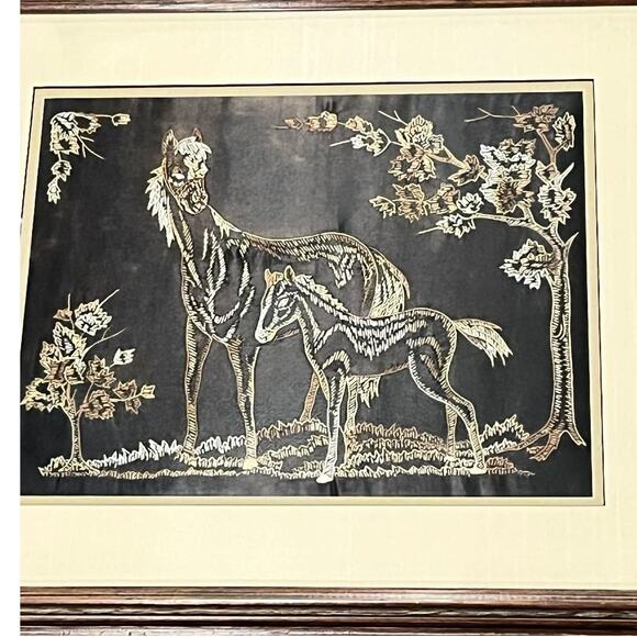 VTG 1930s Embroidery Under Glass HORSE ART Framed Mare Colt Filly Trees 18.5x22" - Picture 2 of 8